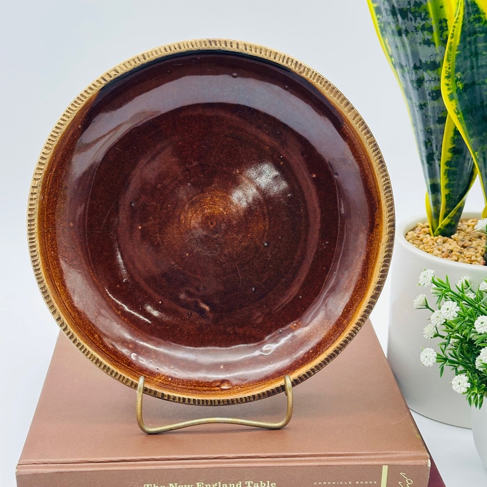 Vintage Antique Primitive Redware Pie Plate with Cog Edge Brown Glaze 9"